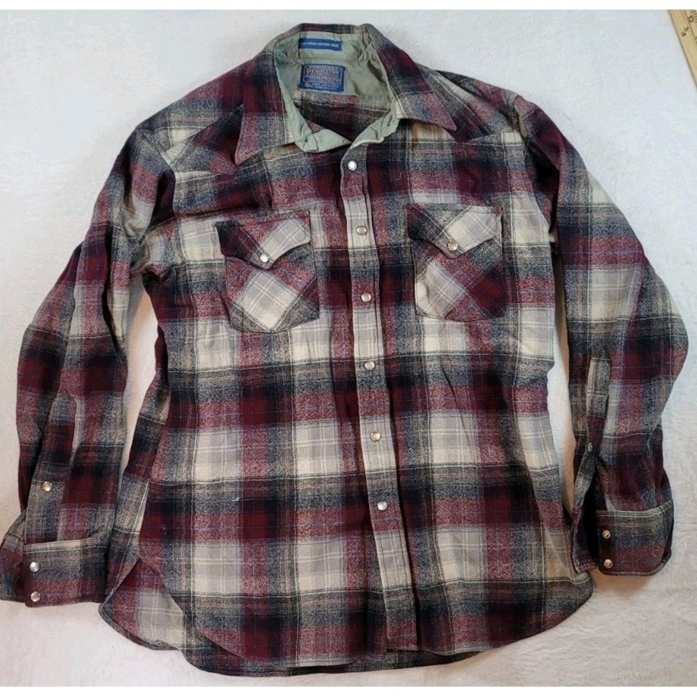 Vtg Pendleton Virgin Wool Mens Shadow Check Plaid Western Pearl Snap Large
